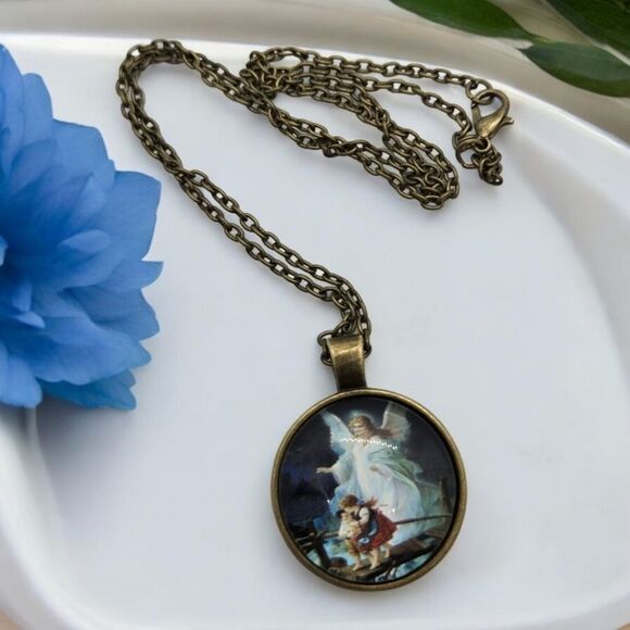 Guardian Angel Famous Painting Round Glass Cabochon Pendant Nostalgic Necklace - Picture 3 of 5